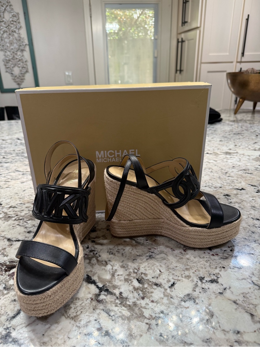 Michael Kors Black Leather Logo Espadrille Wedge Sandals